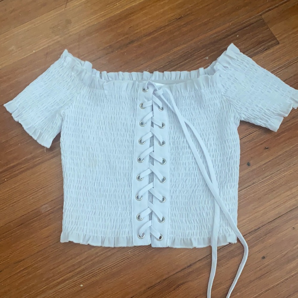 White LF lace up crop top